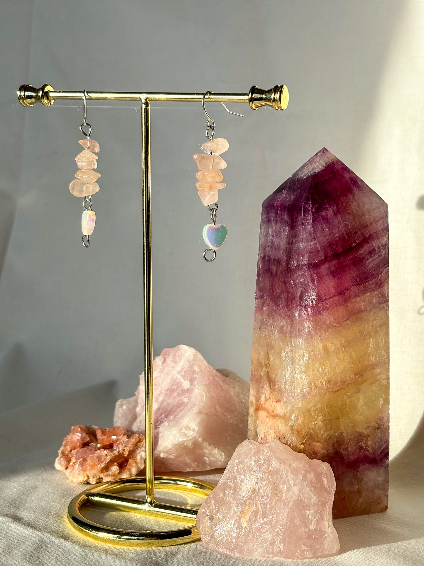 Rose Quartz Crystal Heart Beaded Dangle Earrings