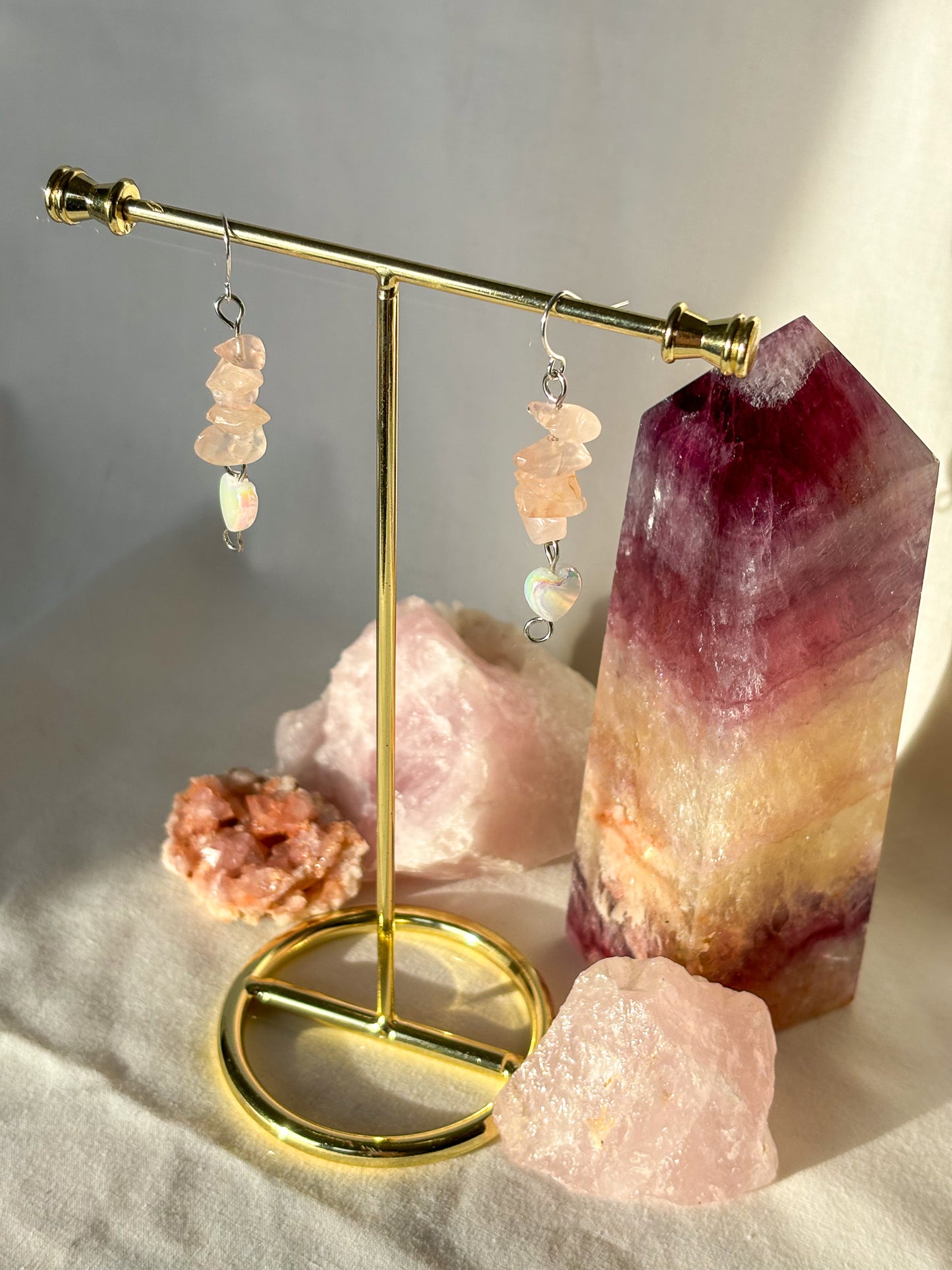 Rose Quartz Crystal Heart Beaded Dangle Earrings