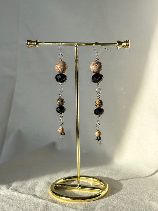 Leopard Skin Jasper Crystal Black Shimmer Beaded Earrings