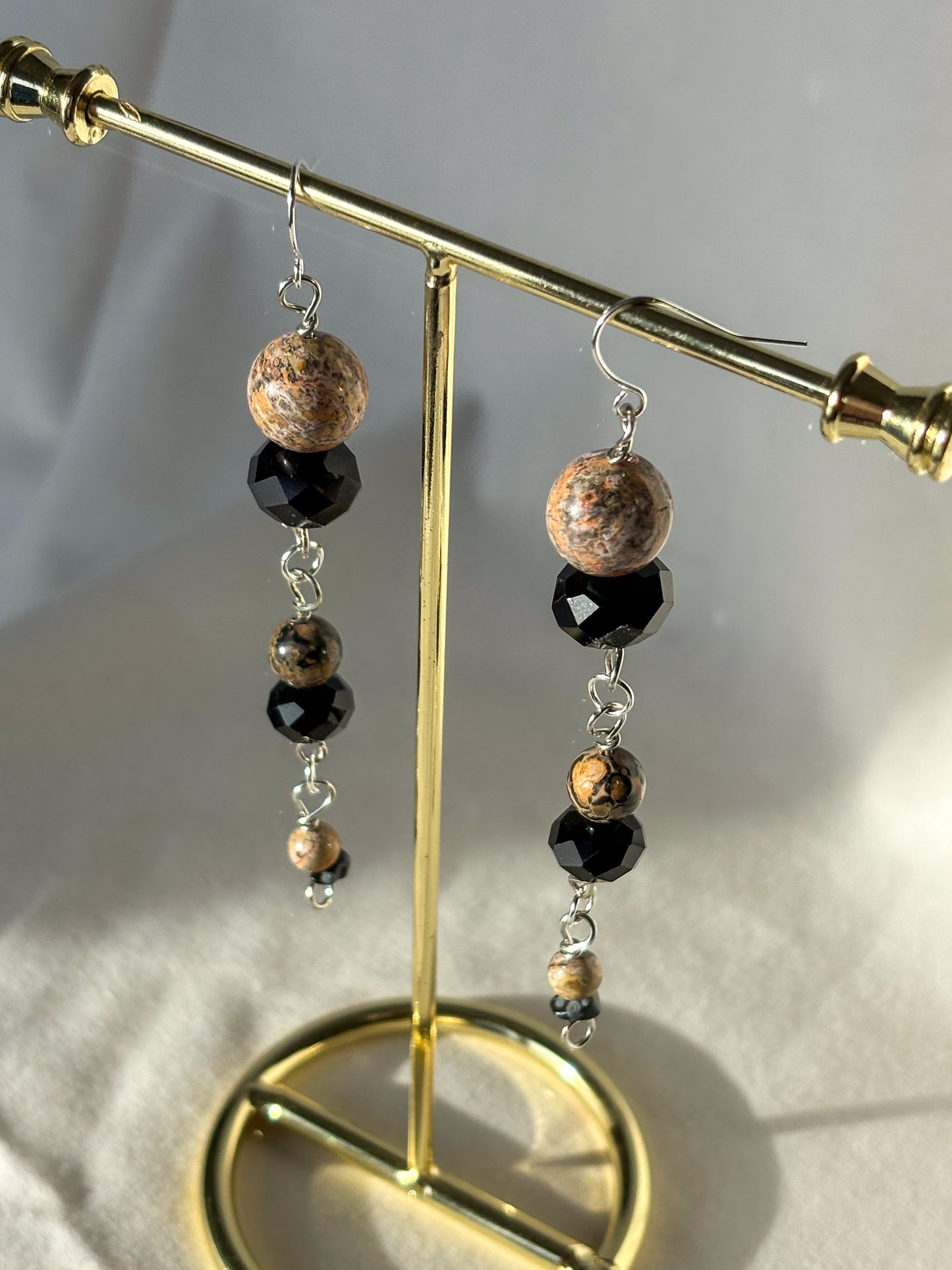 Leopard Skin Jasper Crystal Black Shimmer Beaded Earrings