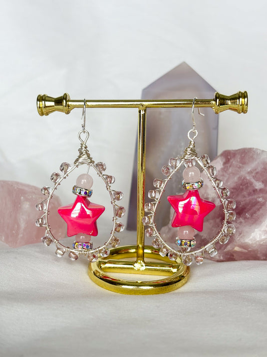 Teardrop Pink Star Rose Quartz Beaded Dangle Earrings