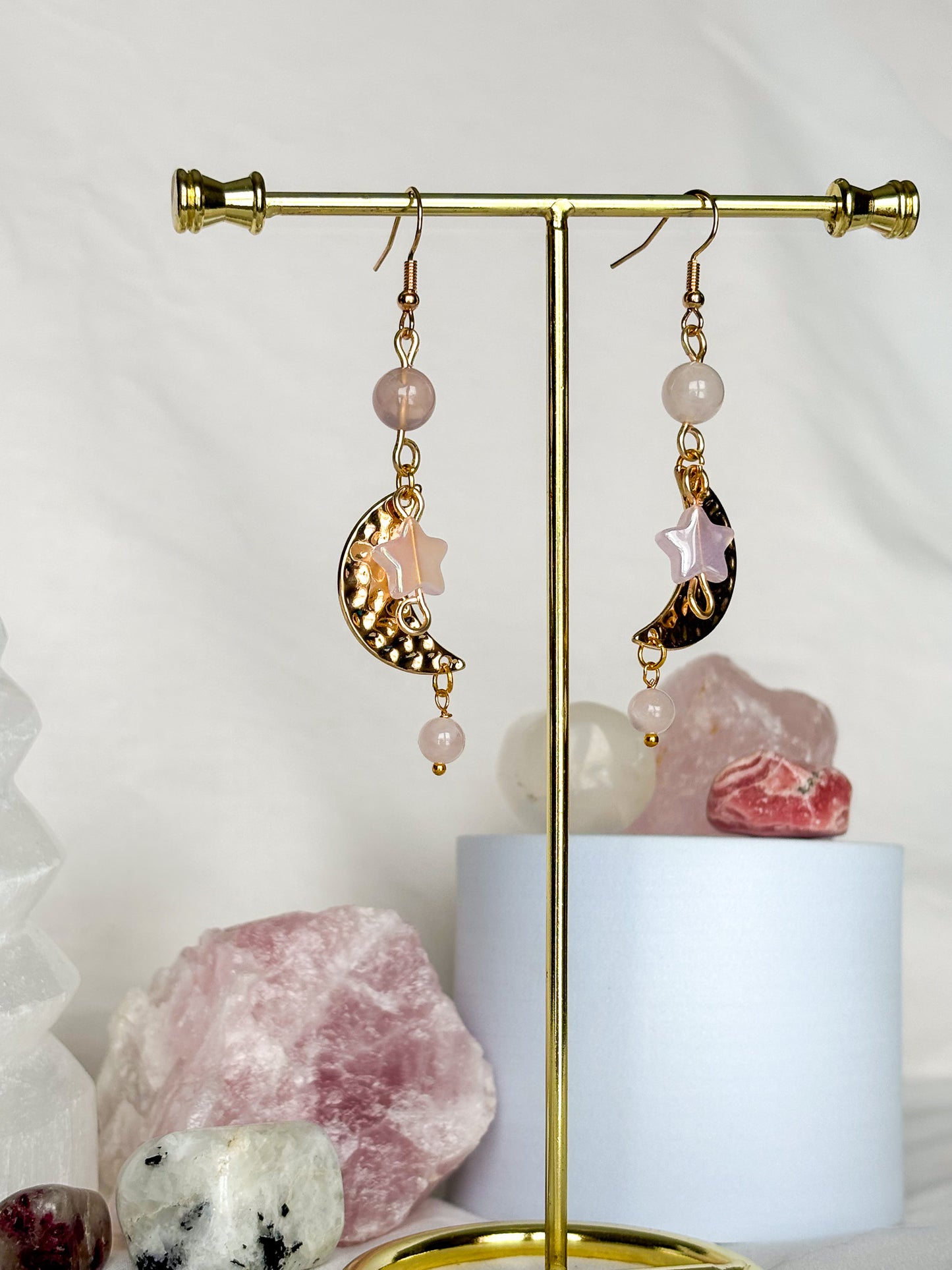 Rose Quartz Moon Star Gold Dangle Beaded Earrings
