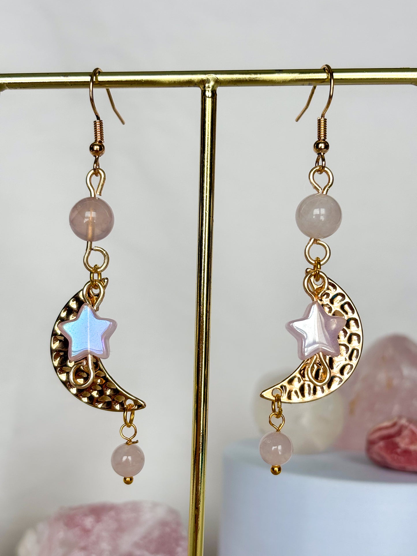 Rose Quartz Moon Star Gold Dangle Beaded Earrings