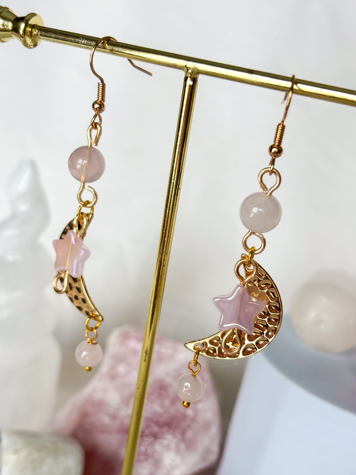Rose Quartz Moon Star Gold Dangle Beaded Earrings