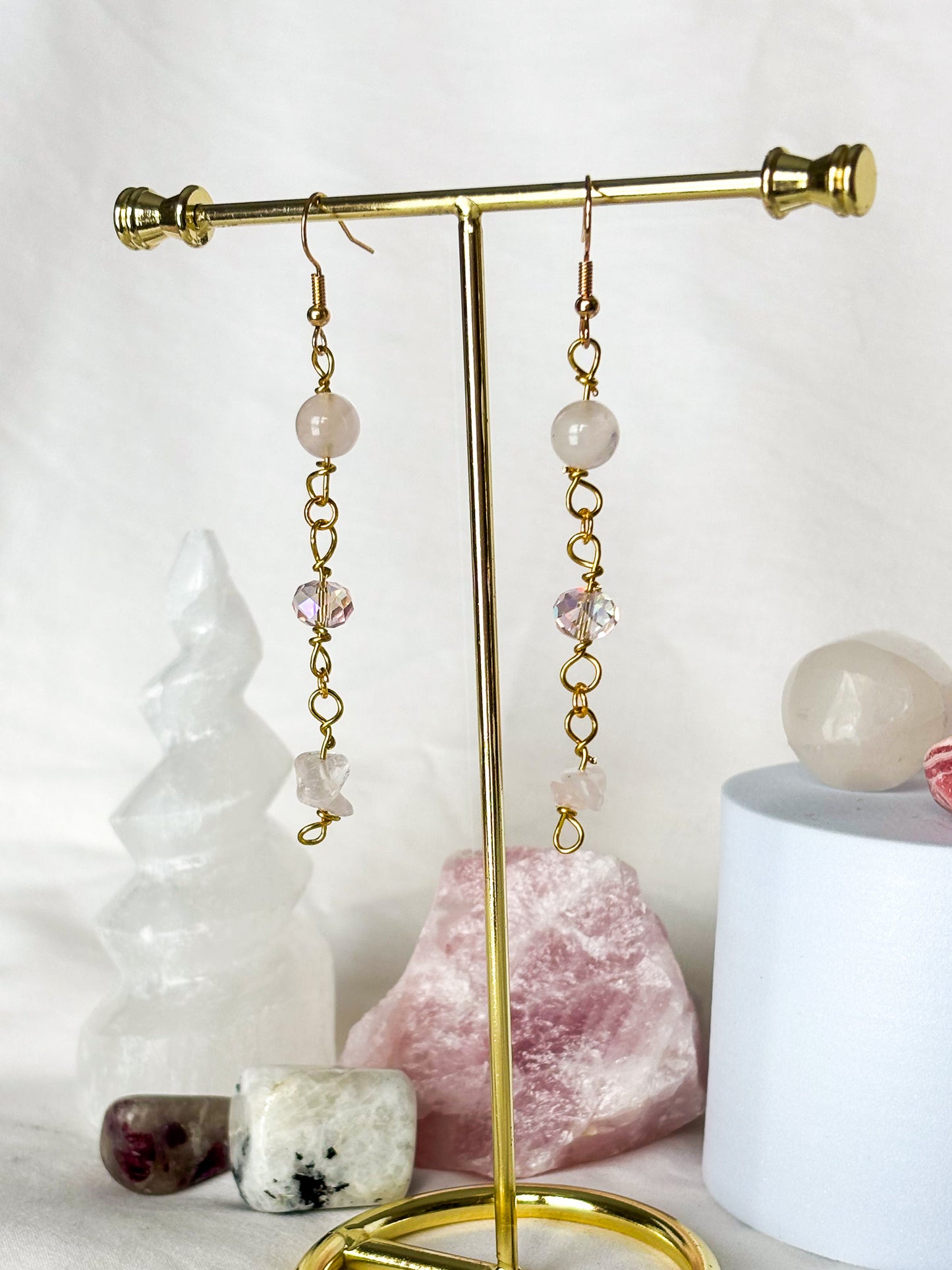 Beaded Rose Quartz Sparkle Dangle Earrings