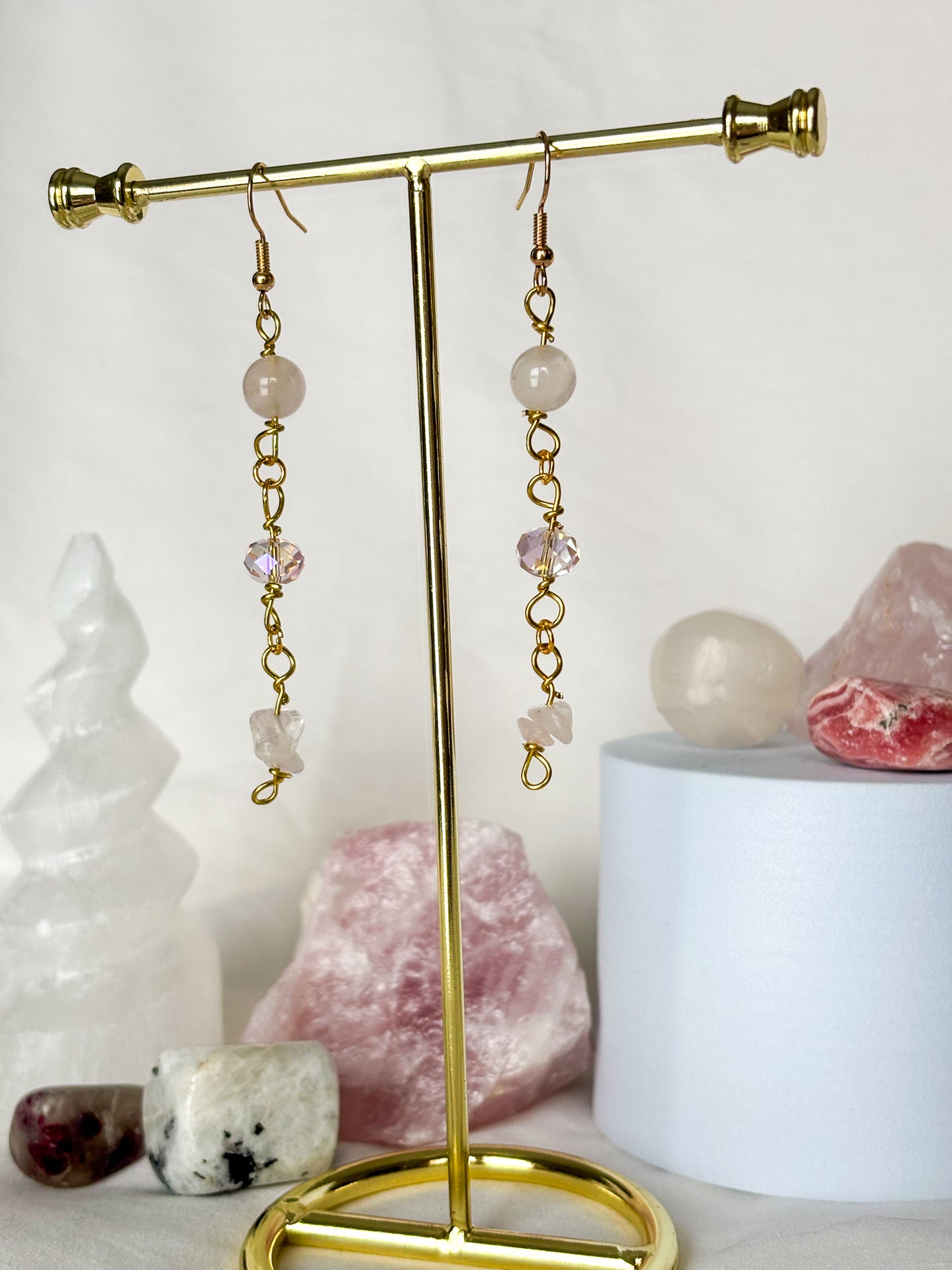 Beaded Rose Quartz Sparkle Dangle Earrings