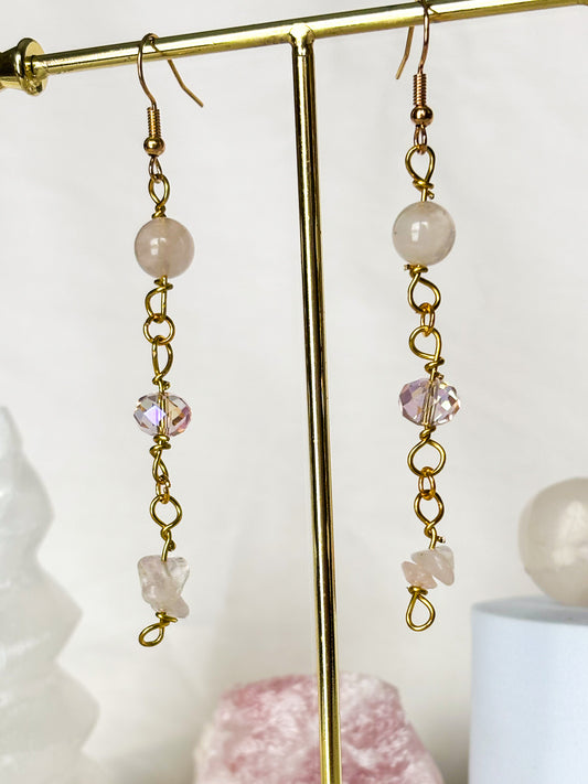 Beaded Rose Quartz Sparkle Dangle Earrings