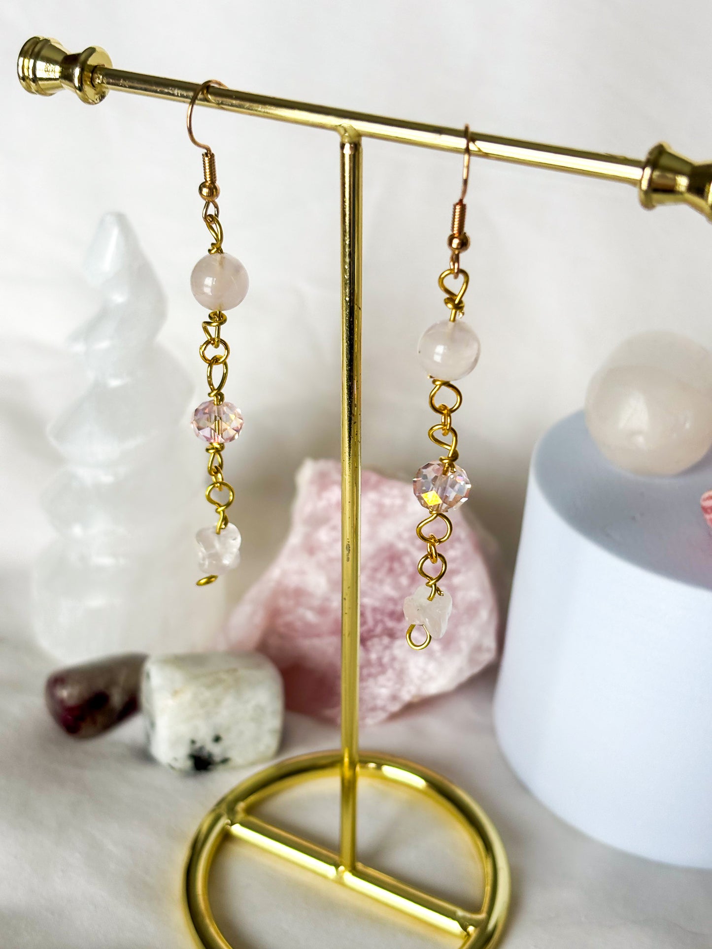 Beaded Rose Quartz Sparkle Dangle Earrings