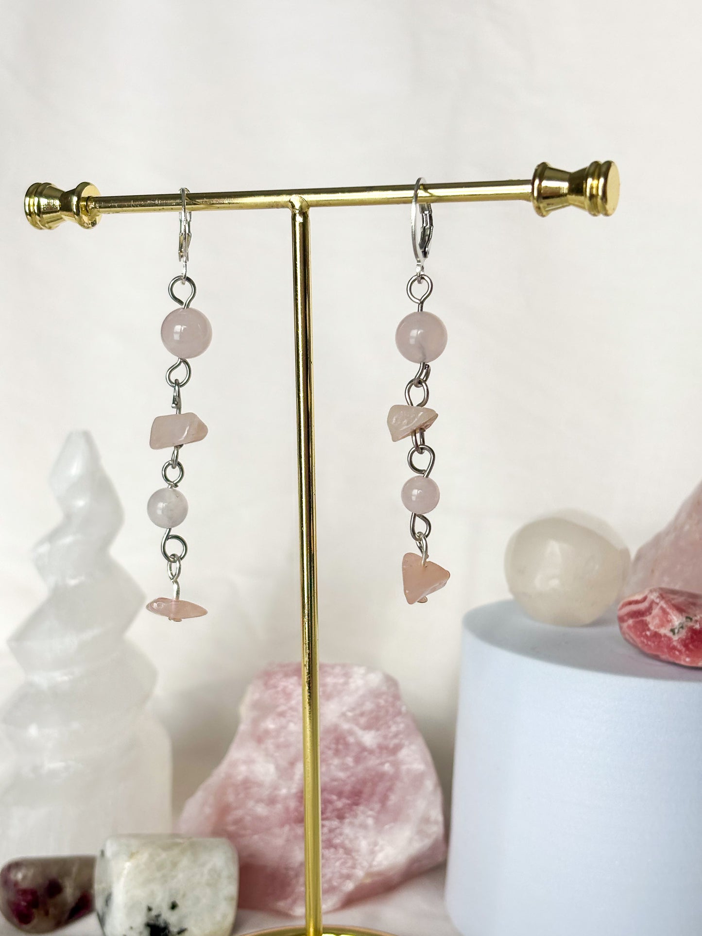 Stacked Rose Quartz Beaded Dangle Ear Hug Earrings