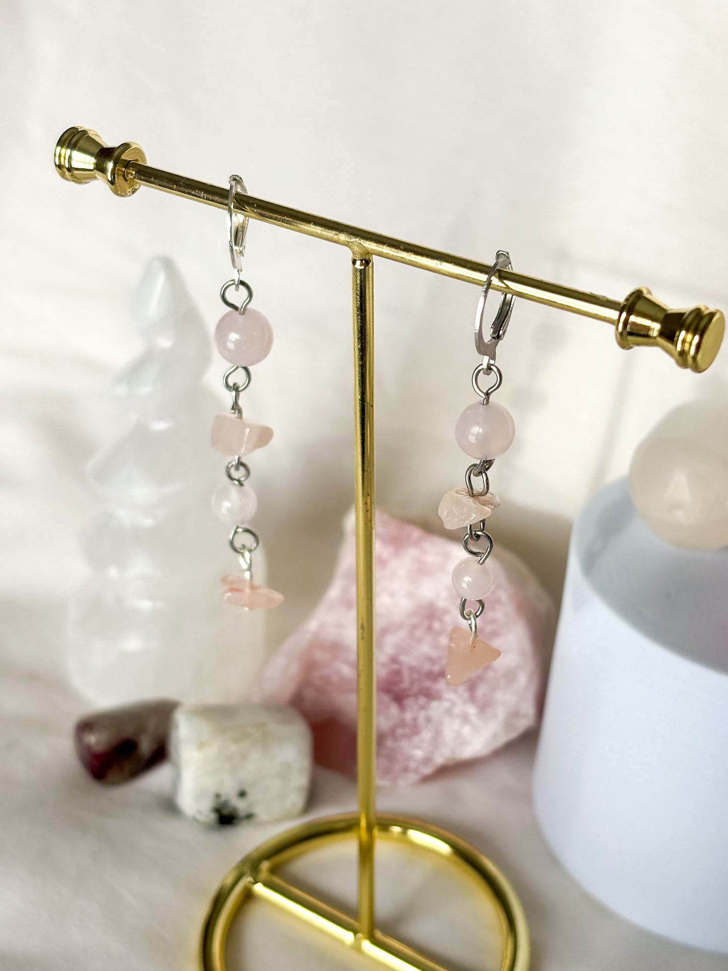 Stacked Rose Quartz Beaded Dangle Ear Hug Earrings