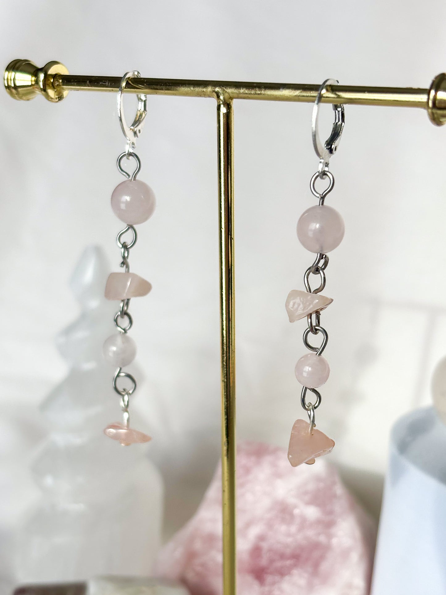 Stacked Rose Quartz Beaded Dangle Ear Hug Earrings