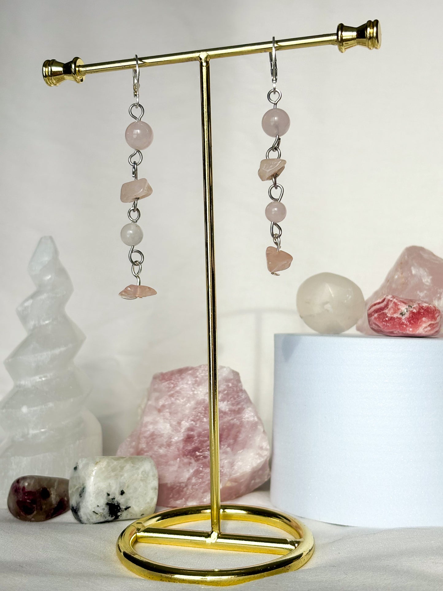Stacked Rose Quartz Beaded Dangle Ear Hug Earrings