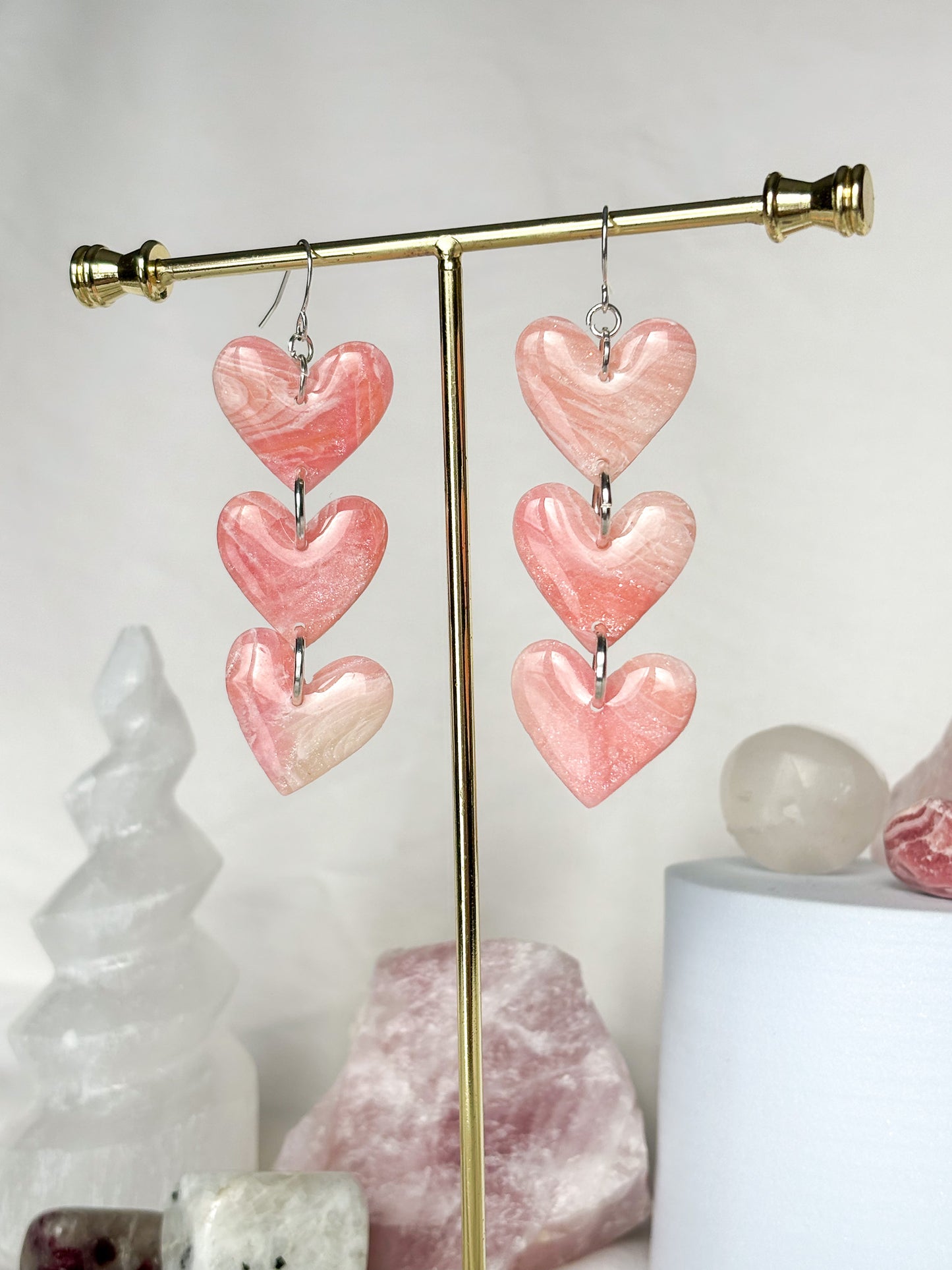 Stacked Swirl Pink Heart Clay Dangle Earrings