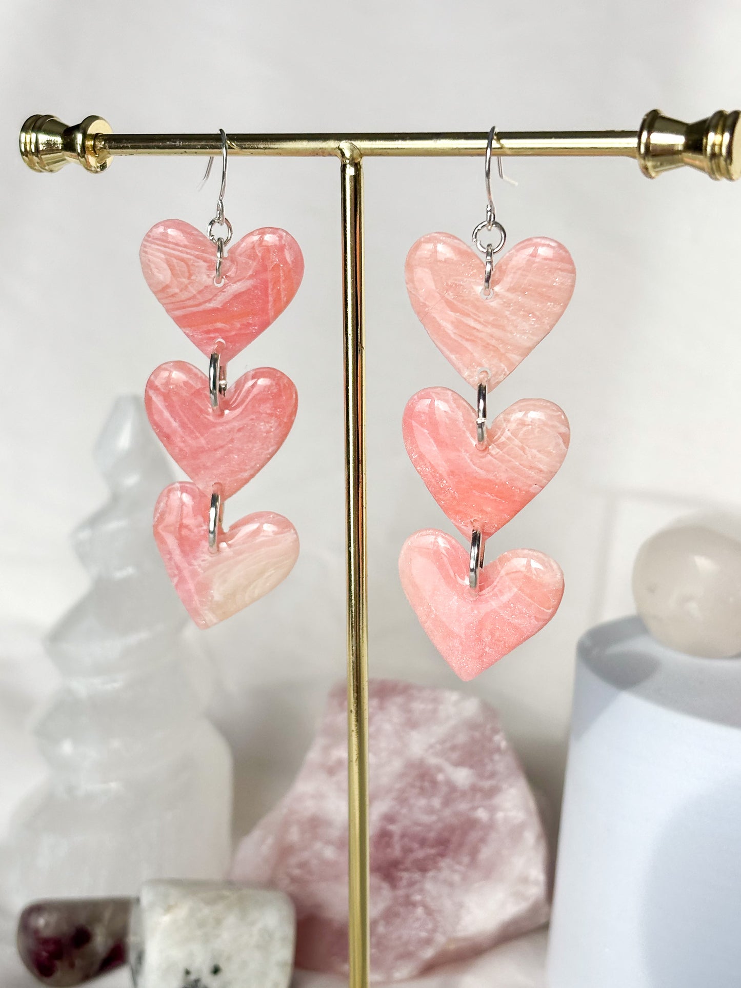 Stacked Swirl Pink Heart Clay Dangle Earrings