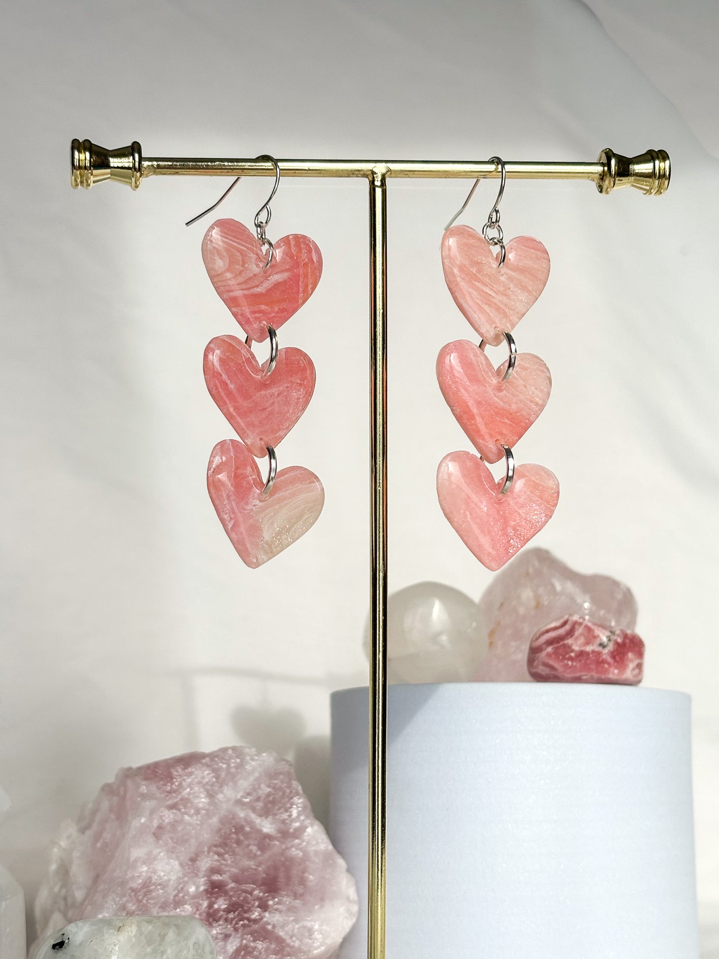 Stacked Swirl Pink Heart Clay Dangle Earrings