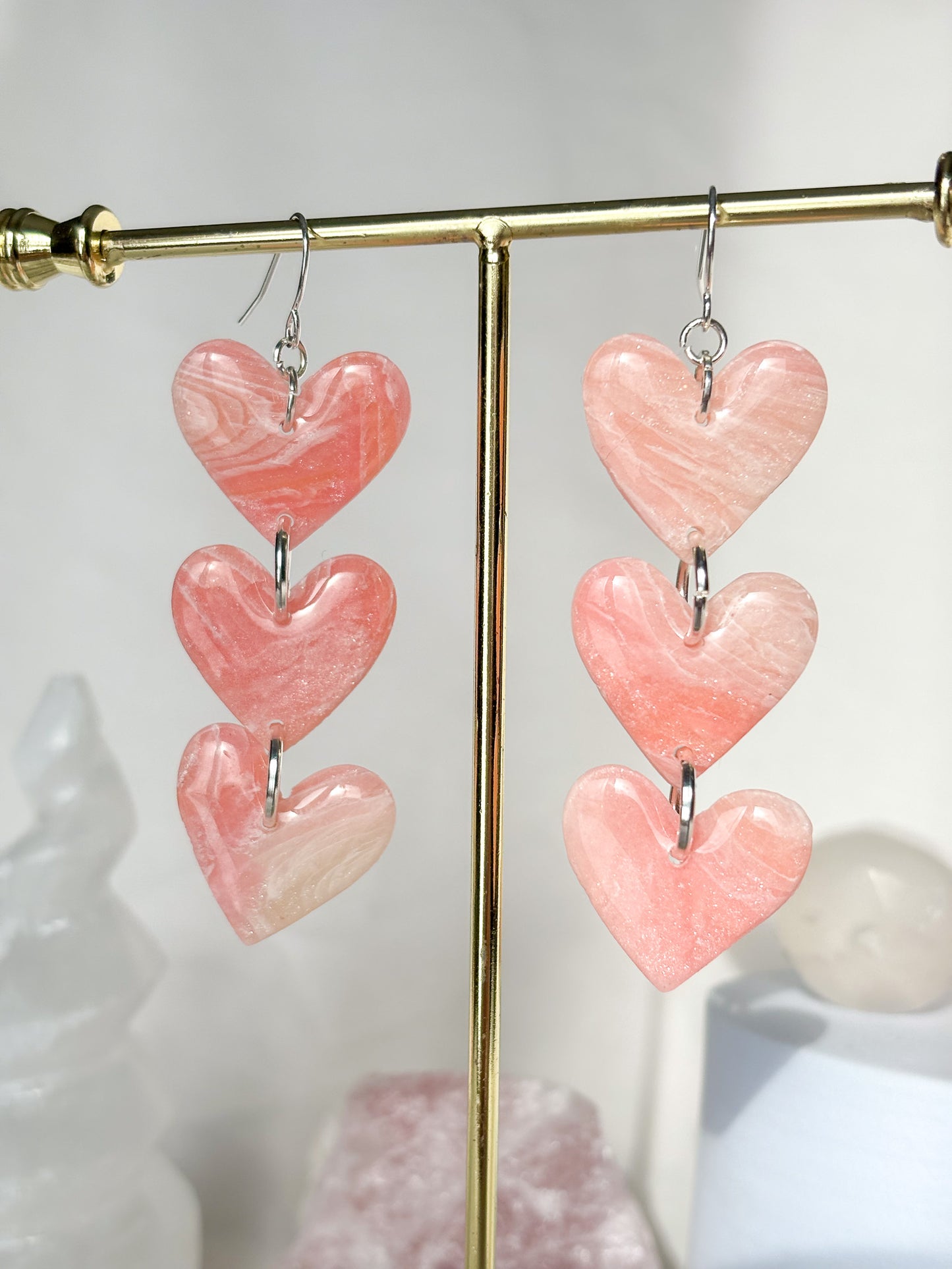 Stacked Swirl Pink Heart Clay Dangle Earrings
