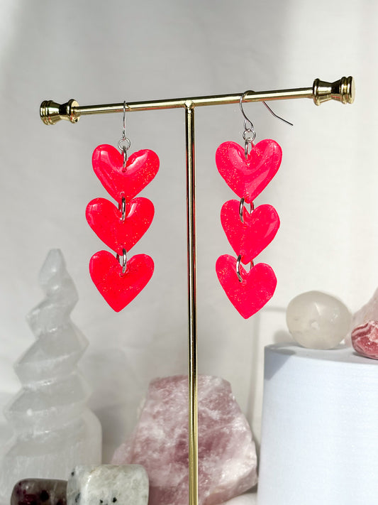 Stacked Hot Pink Dangle Heart Clay Earrings
