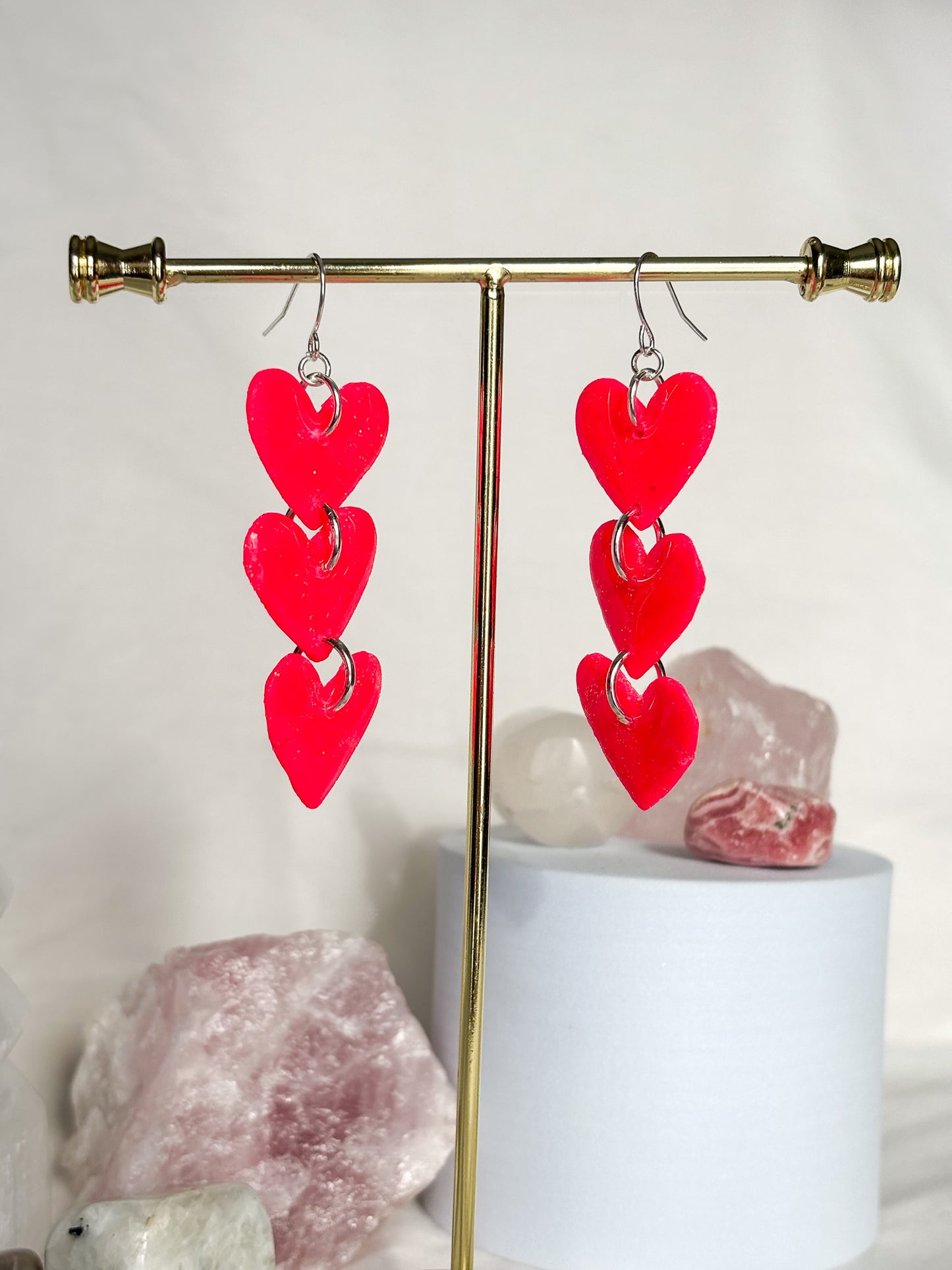 Stacked Hot Pink Dangle Heart Clay Earrings