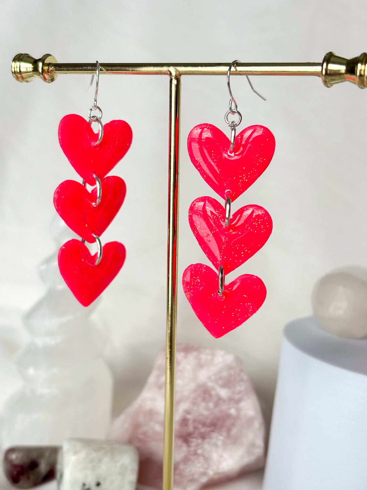 Stacked Hot Pink Dangle Heart Clay Earrings
