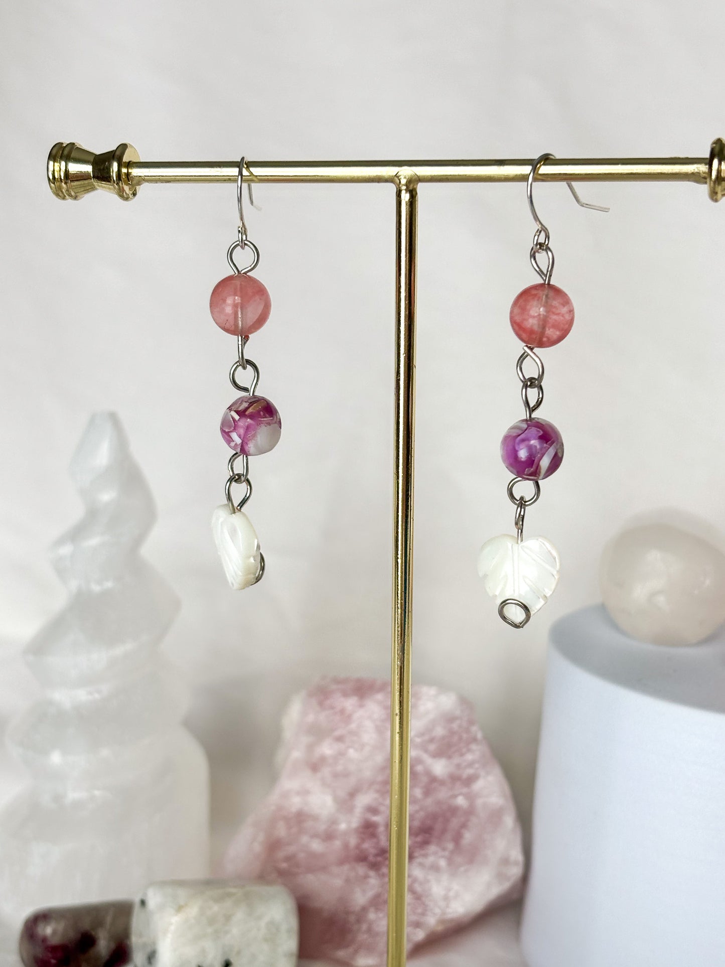 Shell Pink Purple Beaded Dangle Earrings
