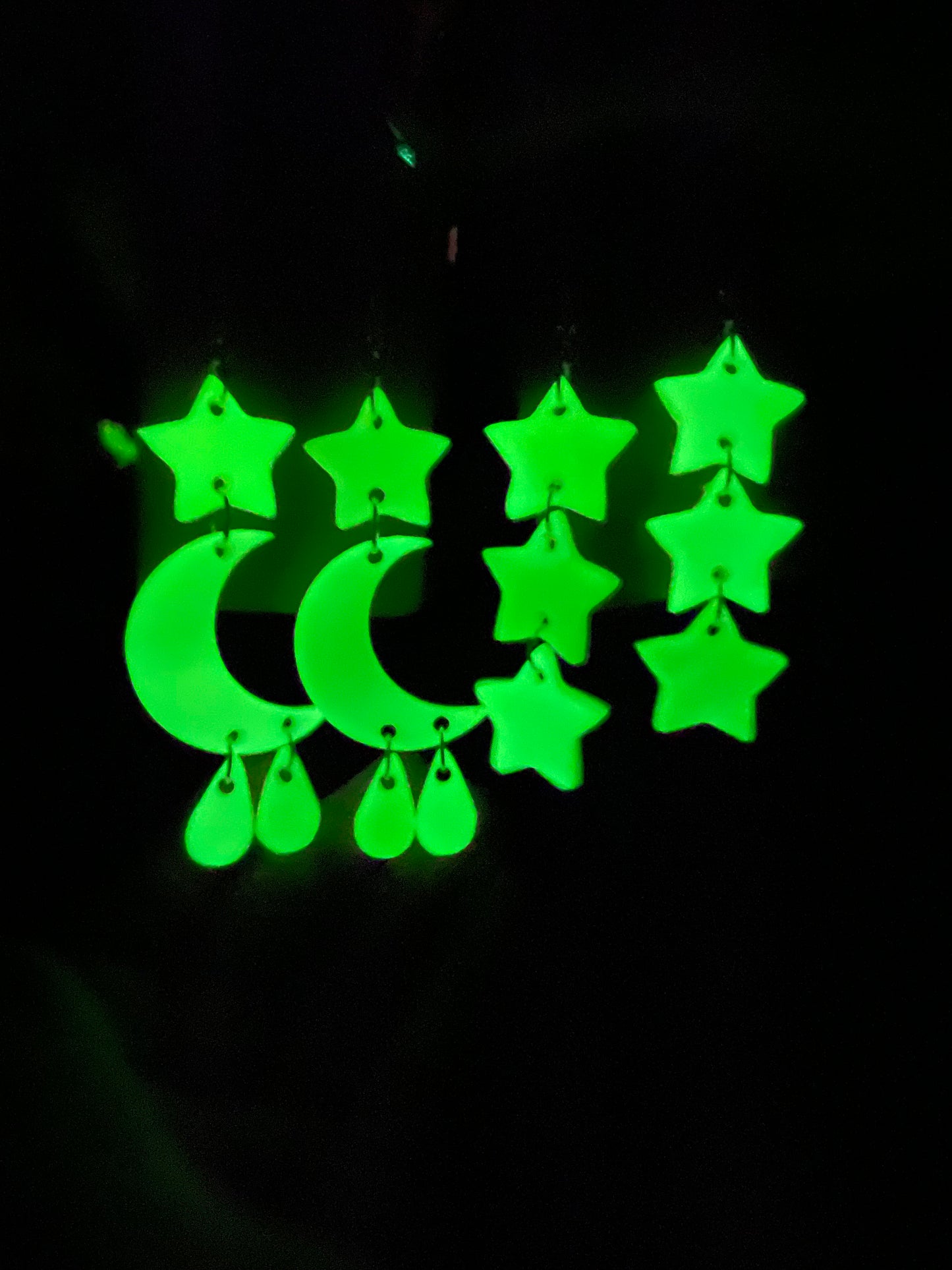 Green Glow In The Dark Stacked Moon Star Handmade Clay Earrings