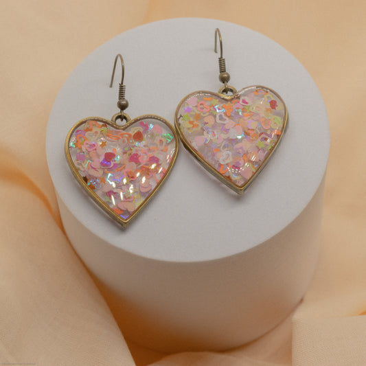Multi-Colored Heart Confetti Resin Antique Gold Color Earrings