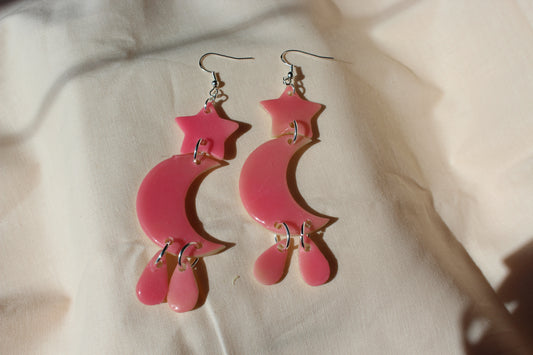 Pink Glow In The Dark Dangle Moon Star Clay Earrings