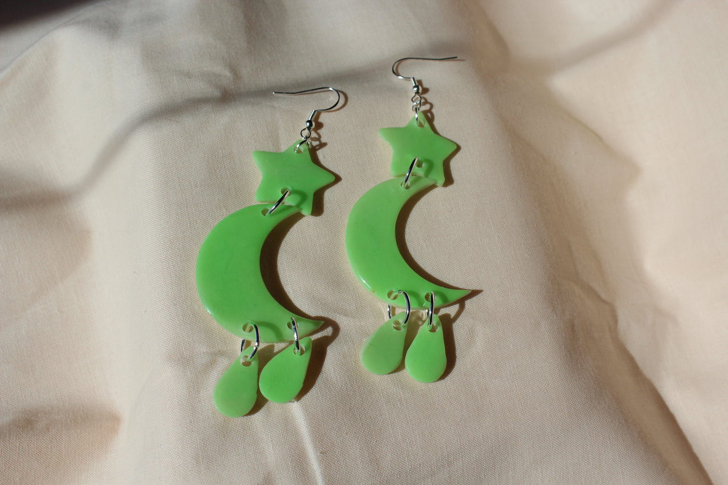 Green Glow In The Dark Stacked Moon Star Handmade Clay Earrings