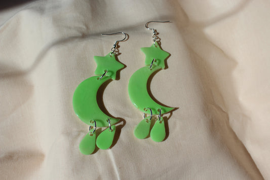 Green Glow In The Dark Stacked Moon Star Handmade Clay Earrings