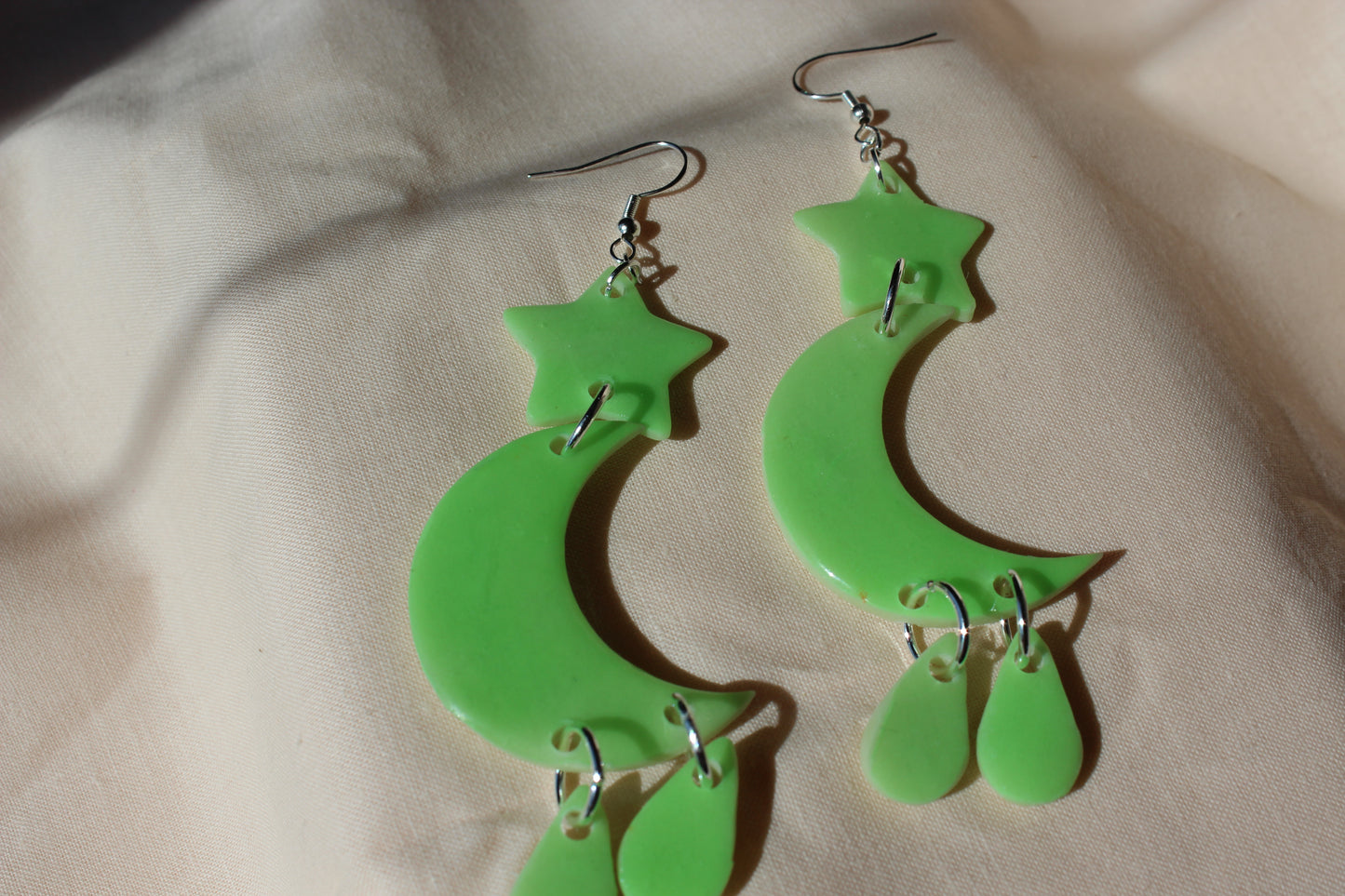 Green Glow In The Dark Stacked Moon Star Handmade Clay Earrings