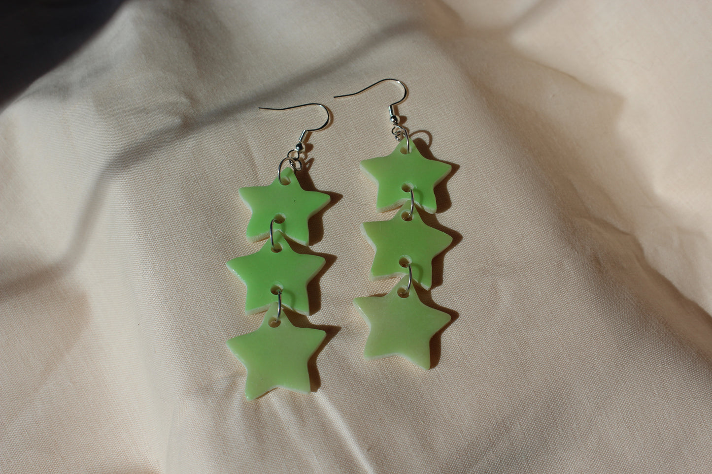 Green Glow In The Dark Stacked Stars Dangle Clay Earrings
