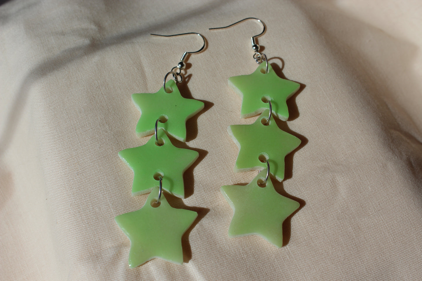 Green Glow In The Dark Stacked Stars Dangle Clay Earrings