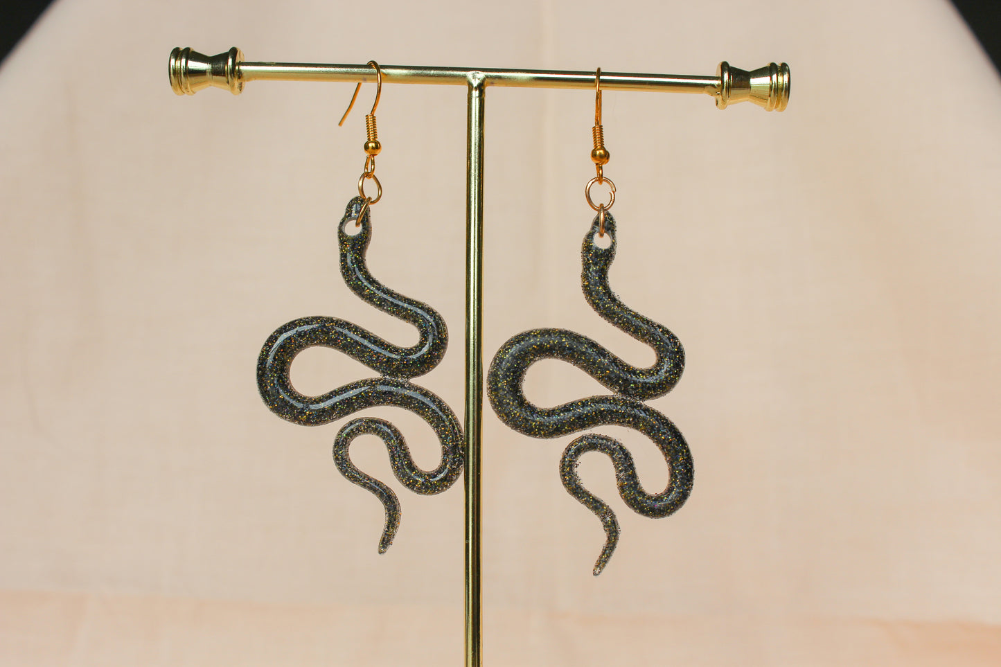 Black Sparkle Resin Snake Slither Dangle Earrings