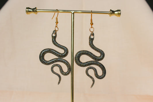 Black Sparkle Resin Snake Slither Dangle Earrings