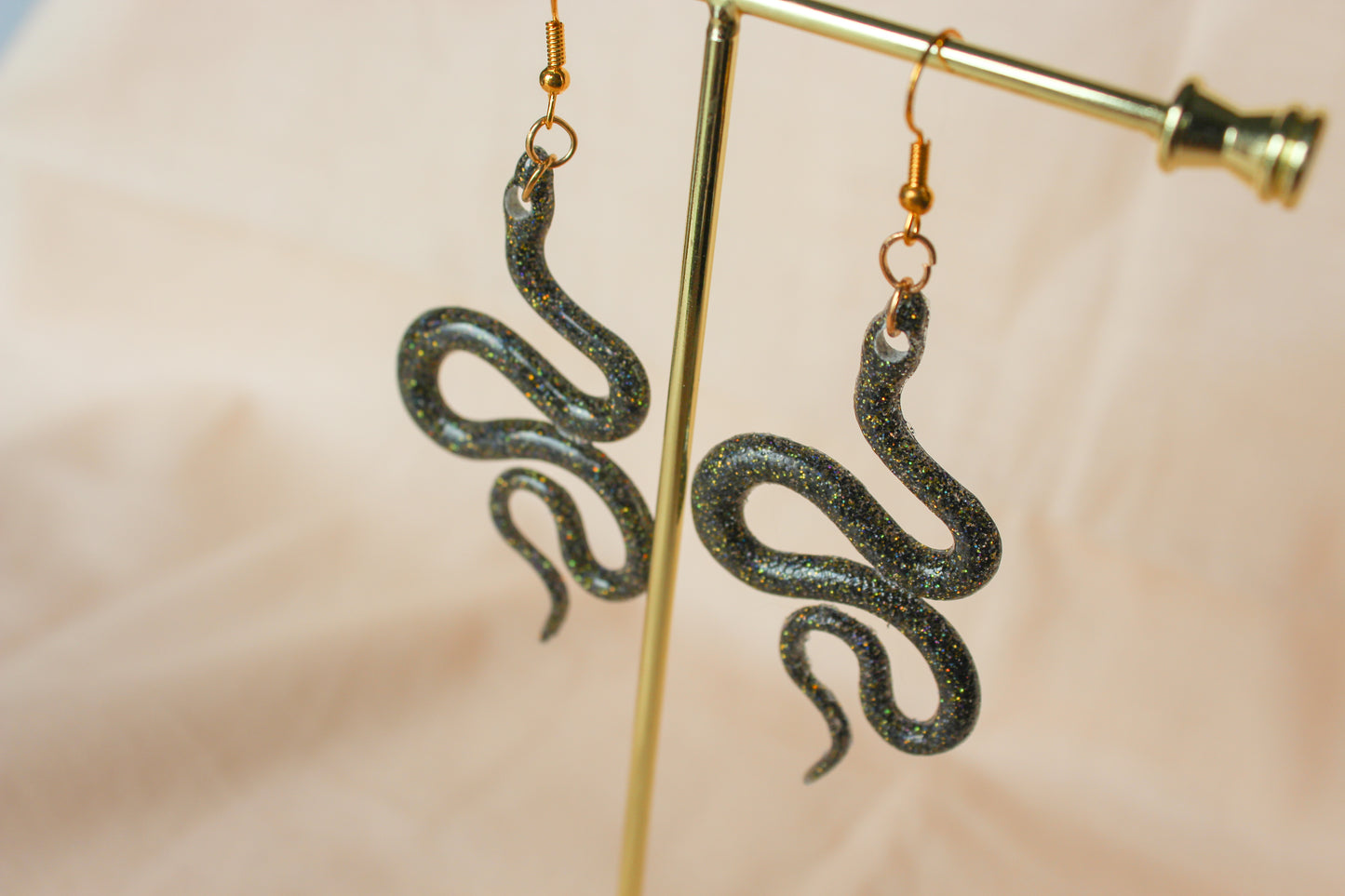 Black Sparkle Resin Snake Slither Dangle Earrings