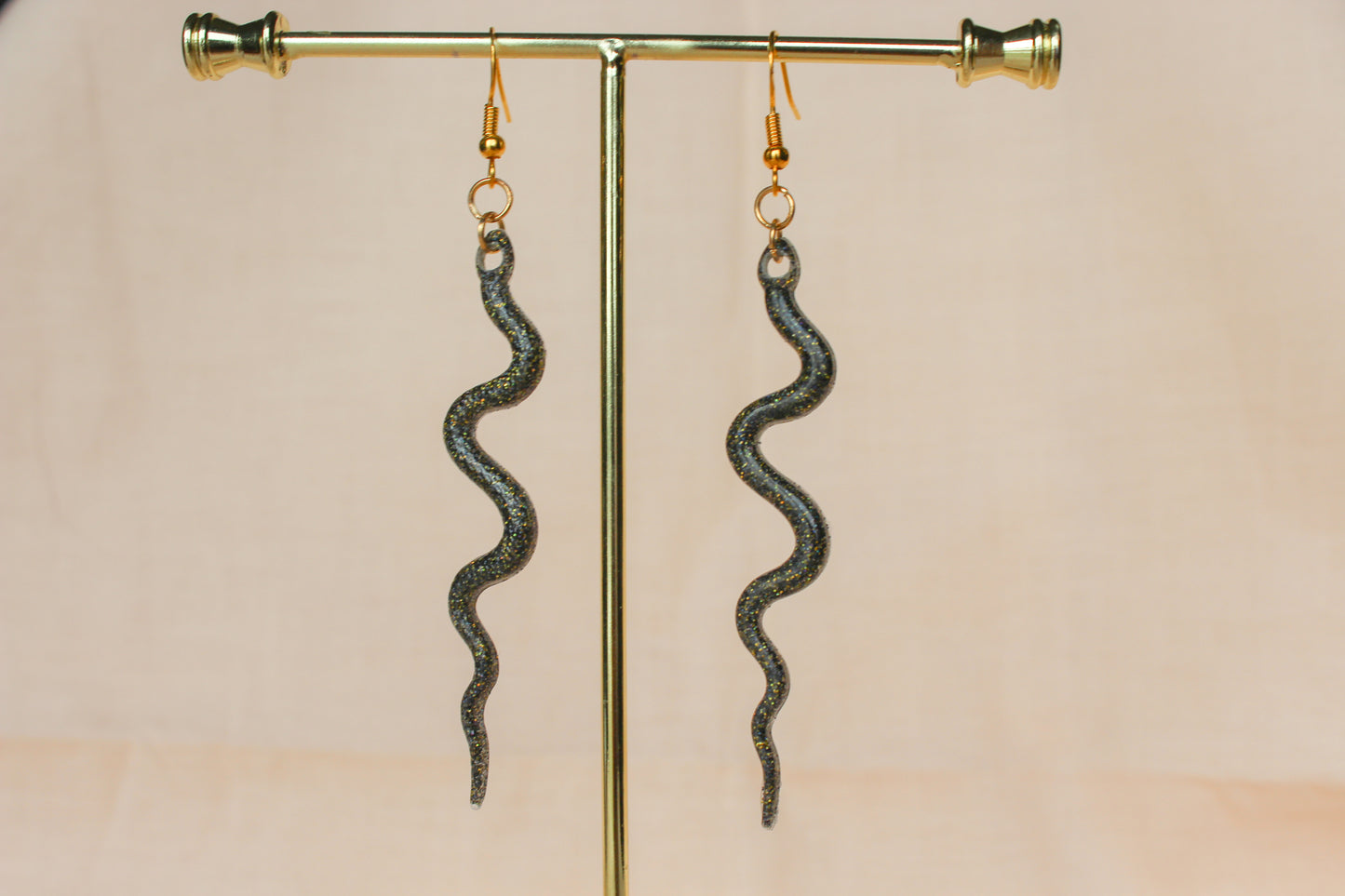 Black Sparkle Resin Snake Dangle Earrings