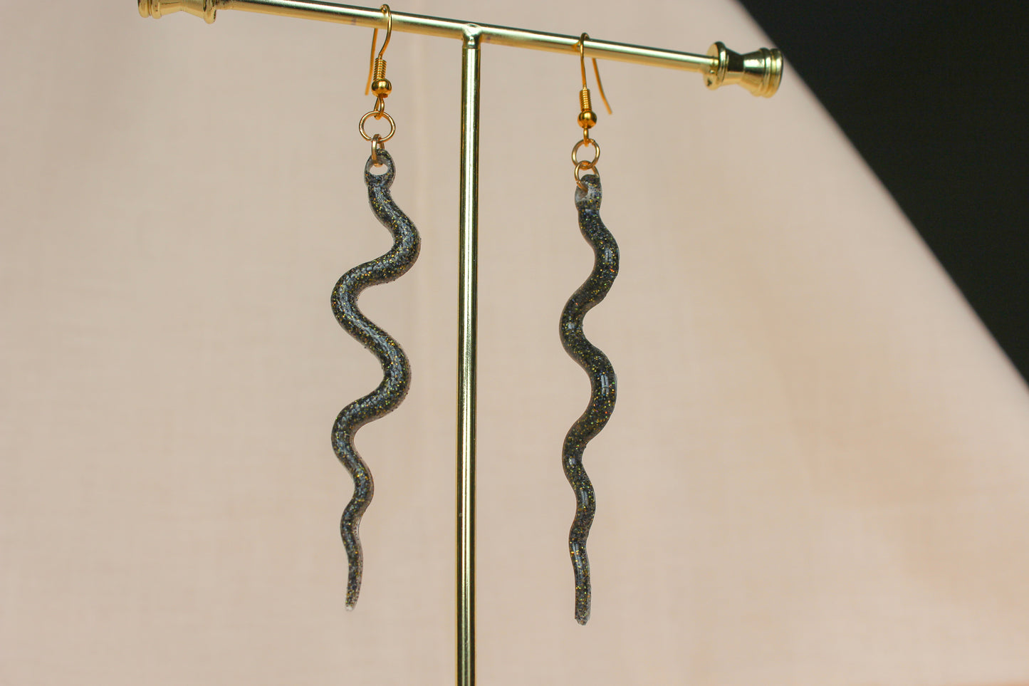 Black Sparkle Resin Snake Dangle Earrings