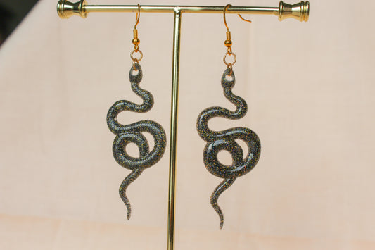 Black Sparkle Resin Snake Twist Slither Dangle Earrings