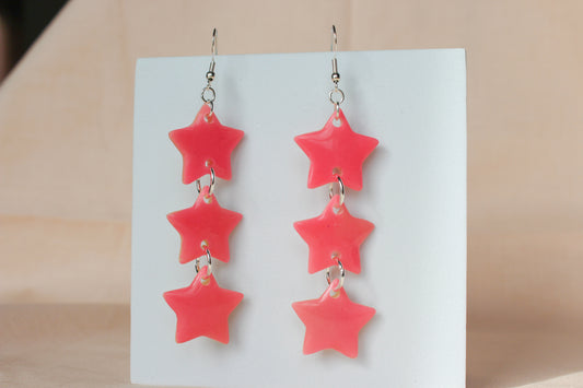 Pink Glow In The Dark Polymer Clay Stacked Star Dangle Earrings