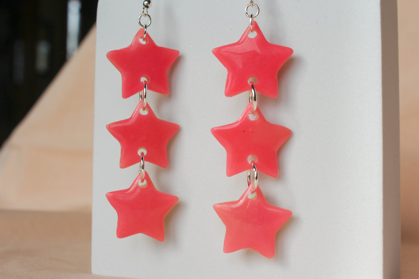 Pink Glow In The Dark Polymer Clay Stacked Star Dangle Earrings