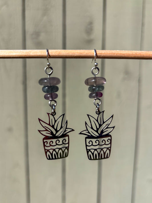 Fluorite Potted Plant Charm Crystal Earrings