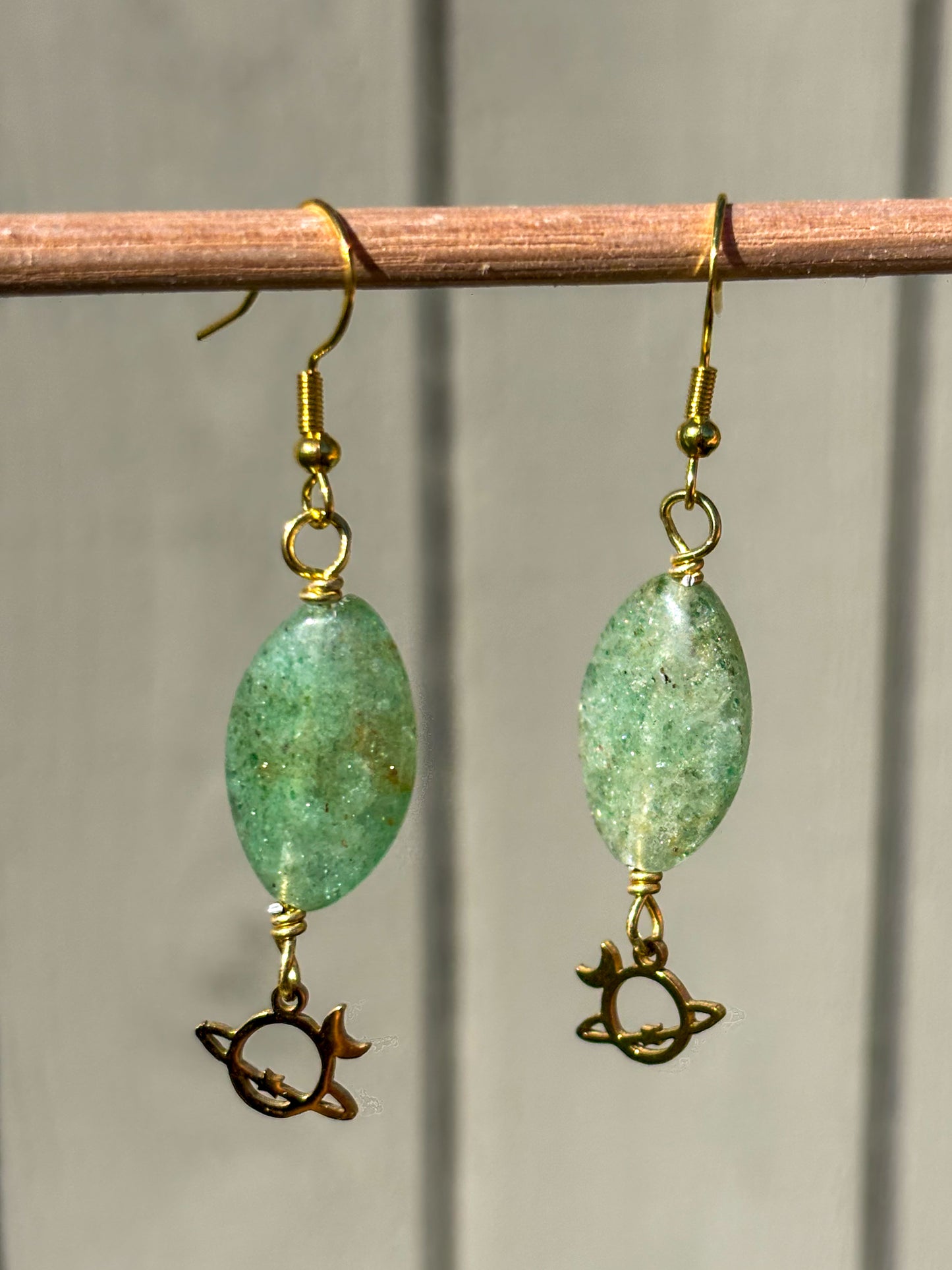 Green Aventurine Planet Moon Crystal Earrings