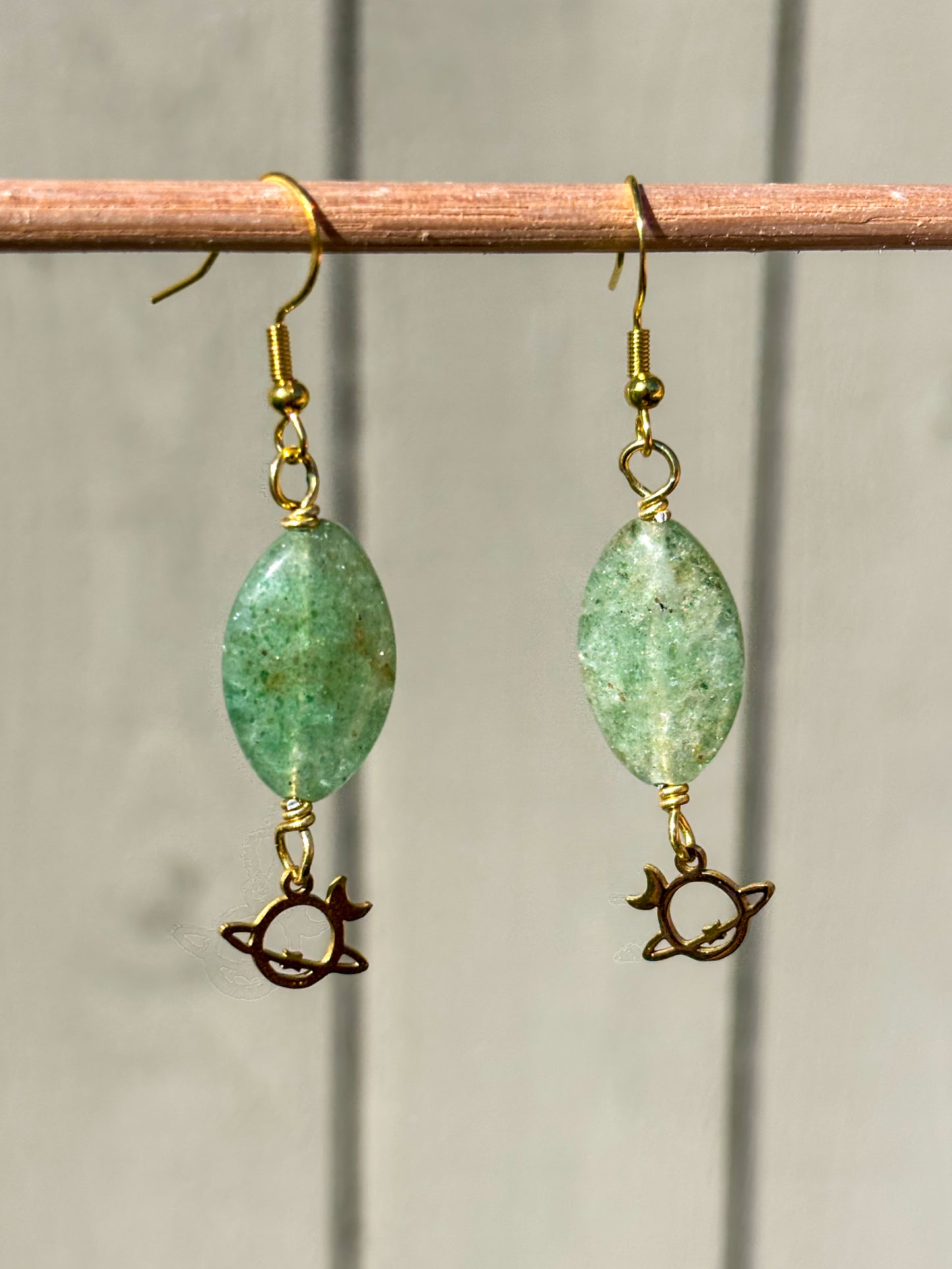 Green Aventurine Planet Moon Crystal Earrings
