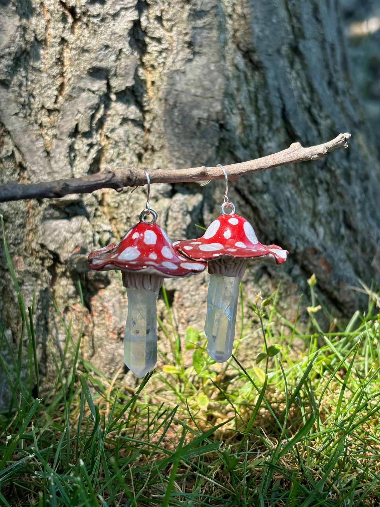 Quartz Crystal Point Red Mushroom Dangle Earrings