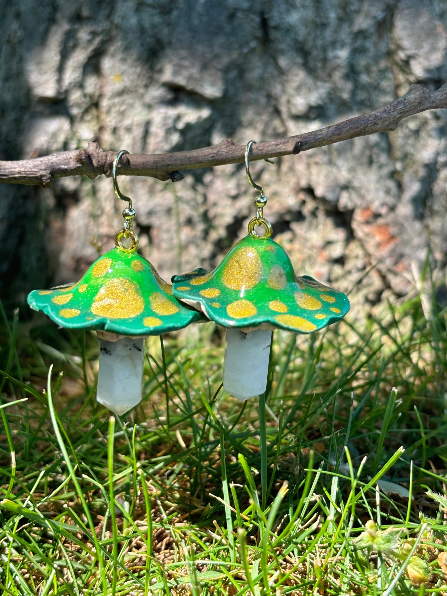 Rainbow Moonstone Crystal Mushroom Green Dangle Earrings