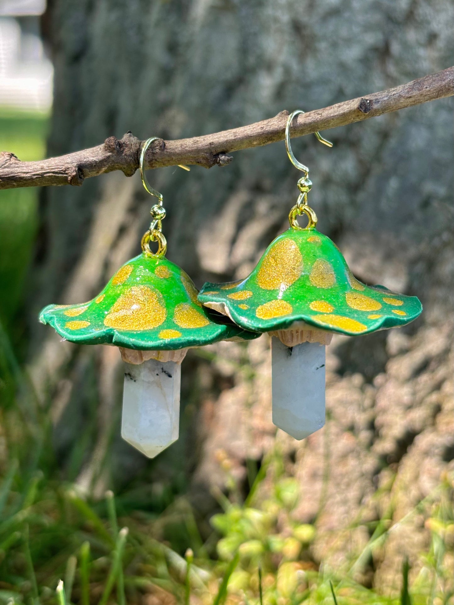 Rainbow Moonstone Crystal Mushroom Green Dangle Earrings