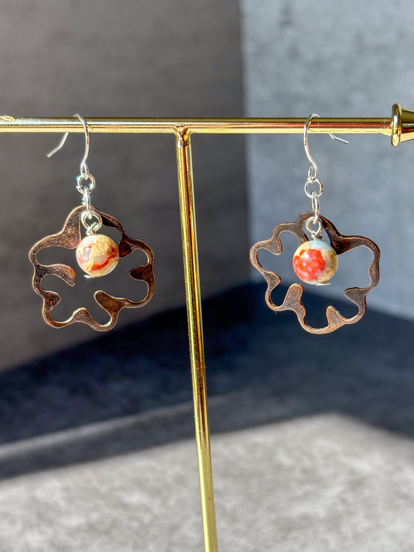 Copper Organic Shaped Agalmatolite Crystal Beads Earrings