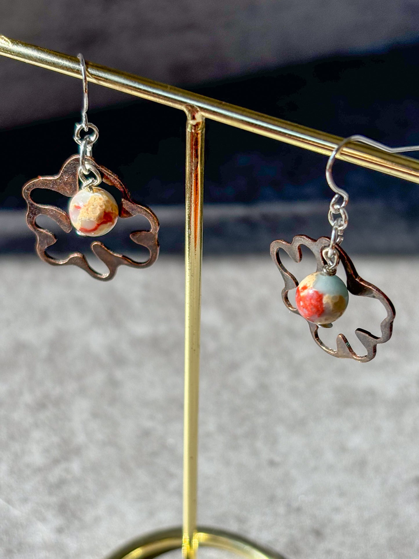 Copper Organic Shaped Agalmatolite Crystal Beads Earrings