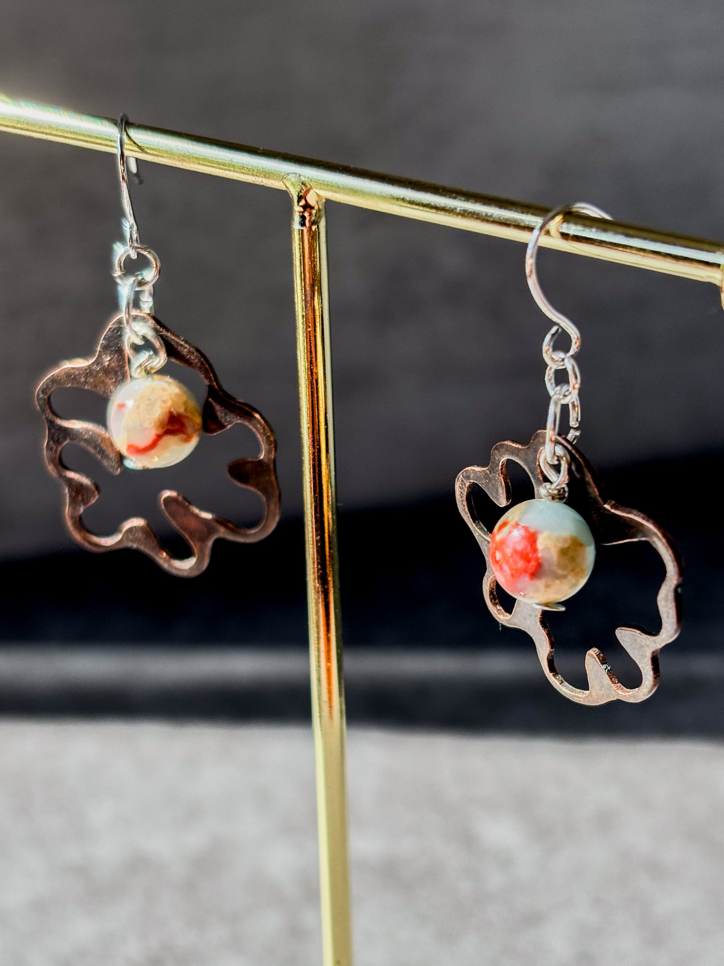 Copper Organic Shaped Agalmatolite Crystal Beads Earrings