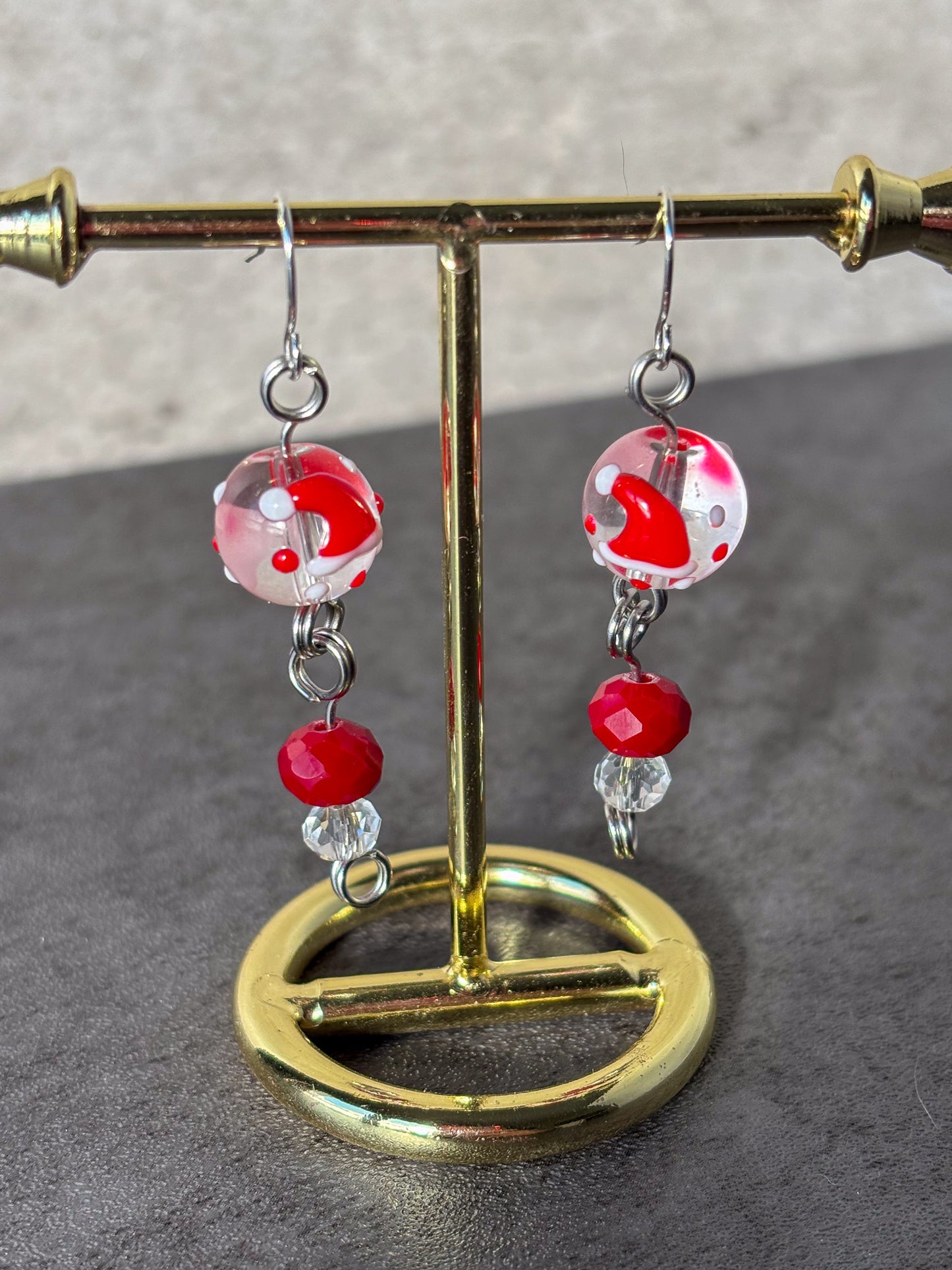 Santa Hat Red Silver Glass Beaded Earrings